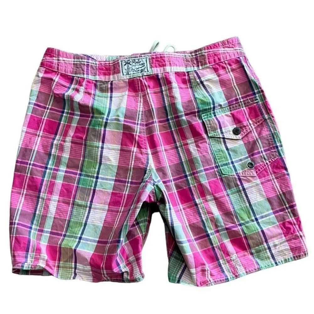Men's Pink & Green Plaid Swim Board Shorts